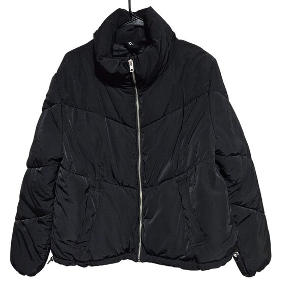 H&M Black Puffer Jacket Womens Size Medium Front Zipper High Neck Collar - Picture 1 of 4